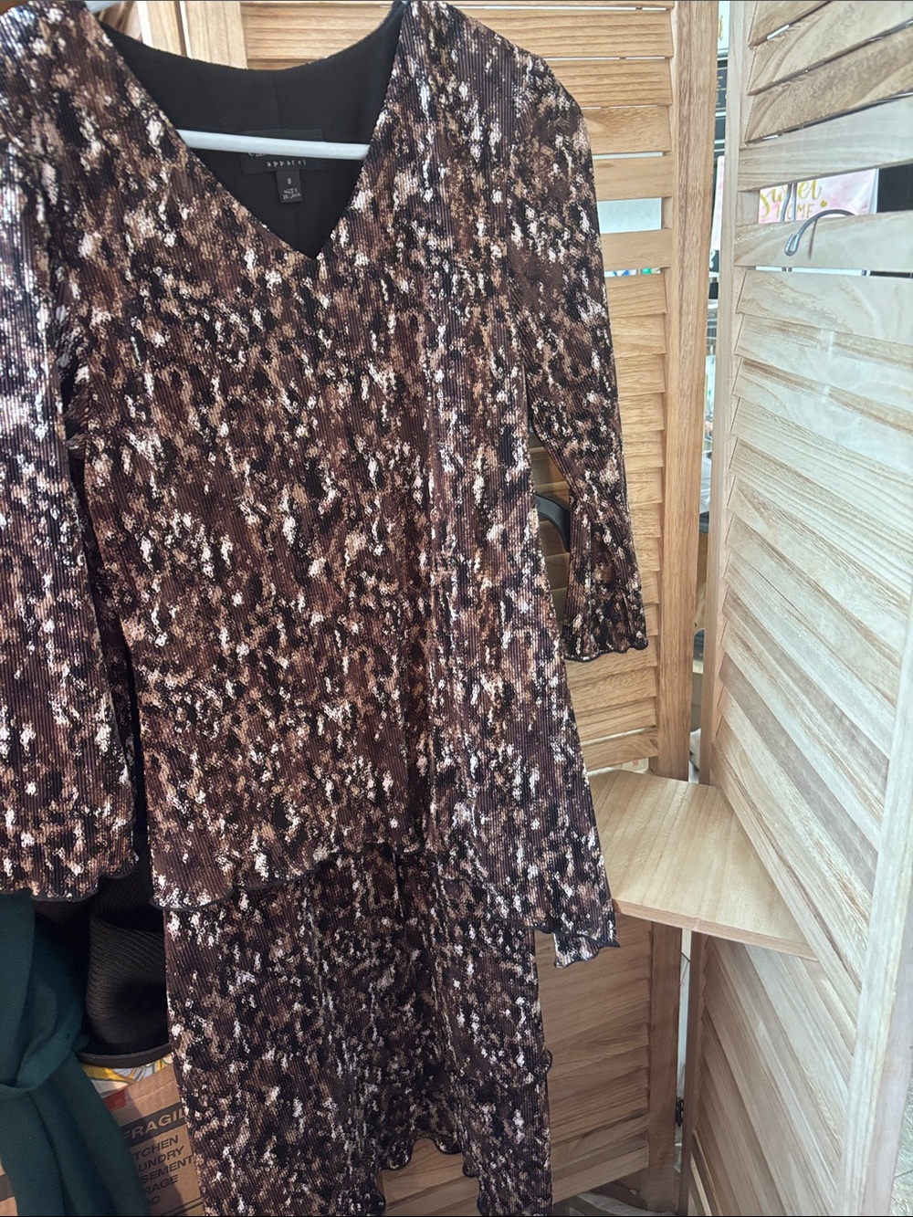 Connected Apparel Brown & Black Printed V-Neck Pleated Midi Dress 8